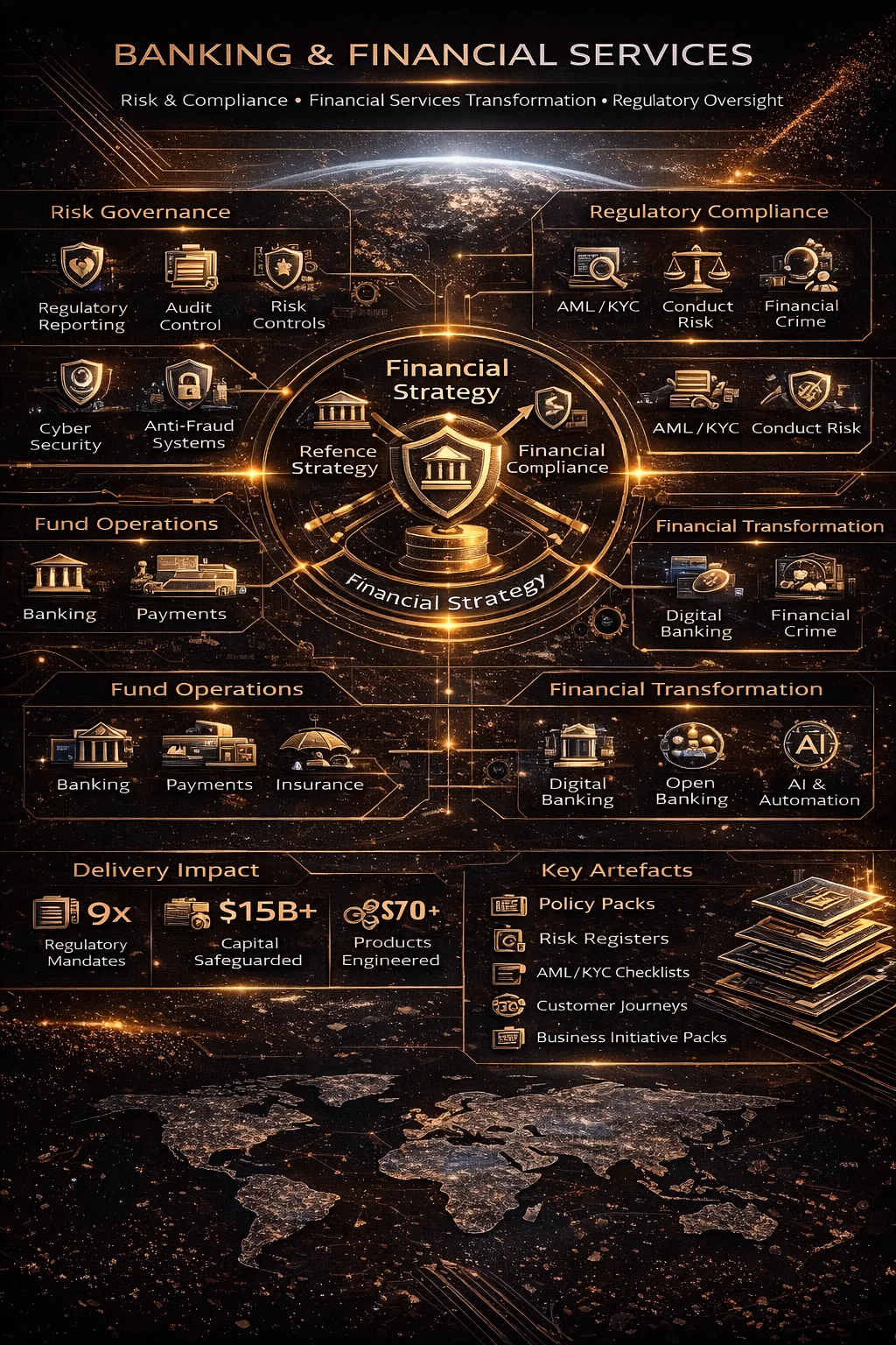 A4 infographic summarising banking transformation, risk, compliance, fund operations and modernisation.
